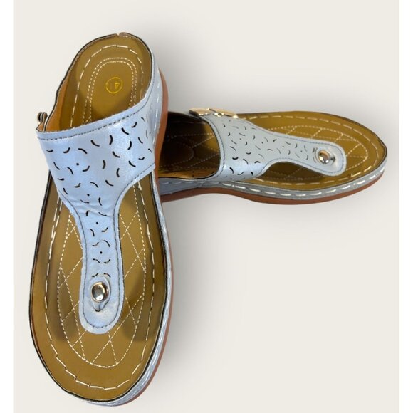 Womens Size 41/10 Light Blue Perforated PU Leather Slip-On Sandals - Picture 2 of 12